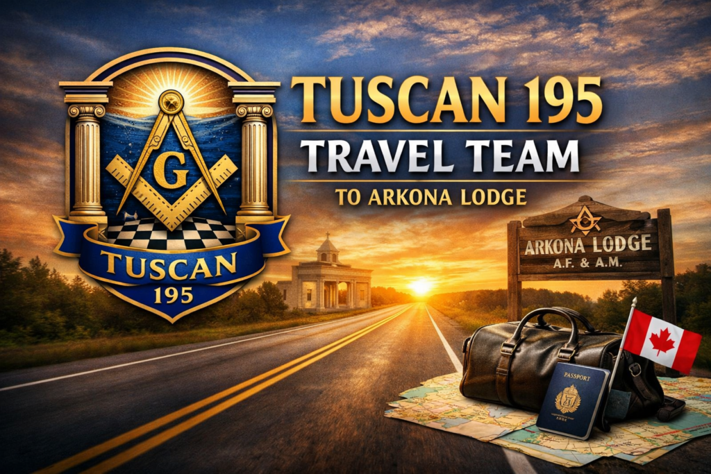 Graphic promoting the Tuscan Lodge No.195 Traveling Team visit to Arkona Lodge.