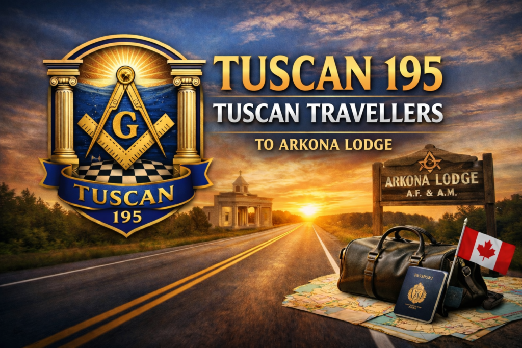 Graphic promoting the Tuscan Lodge No.195 Travellers visit to Arkona Lodge.