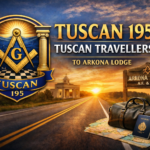 Graphic promoting the Tuscan Lodge No.195 Travellers visit to Arkona Lodge.