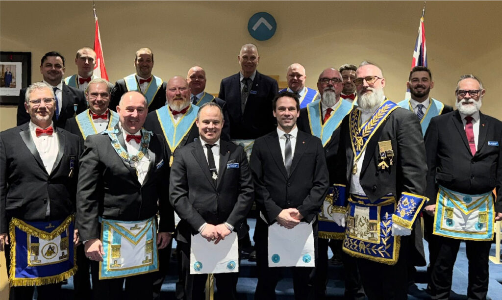 Group photo of members and visiting brethren at Tuscan Lodge No.195 following a Degree Night in January 2026 in London Ontario.