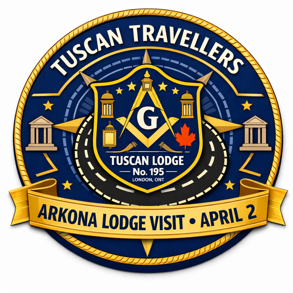 Tuscan Lodge No.195 Travellers featuring a central lodge crest, circular badge designs, road motifs symbolizing travel, for the Arkona Lodge visit on April 2, 2026.