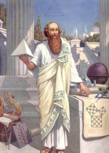 Illustration of the Greek philosopher Pythagoras holding a geometric pyramid with mathematical instruments and symbols of learning around him.