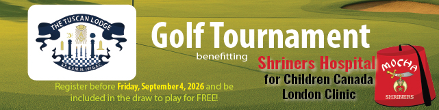 026 Tuscan 195 Golf Tournament in London, Ontario in support of Shriners Children’s Hospital – London Clinic, highlighting a Masonic charity golf event focused on community improvement and fellowship.