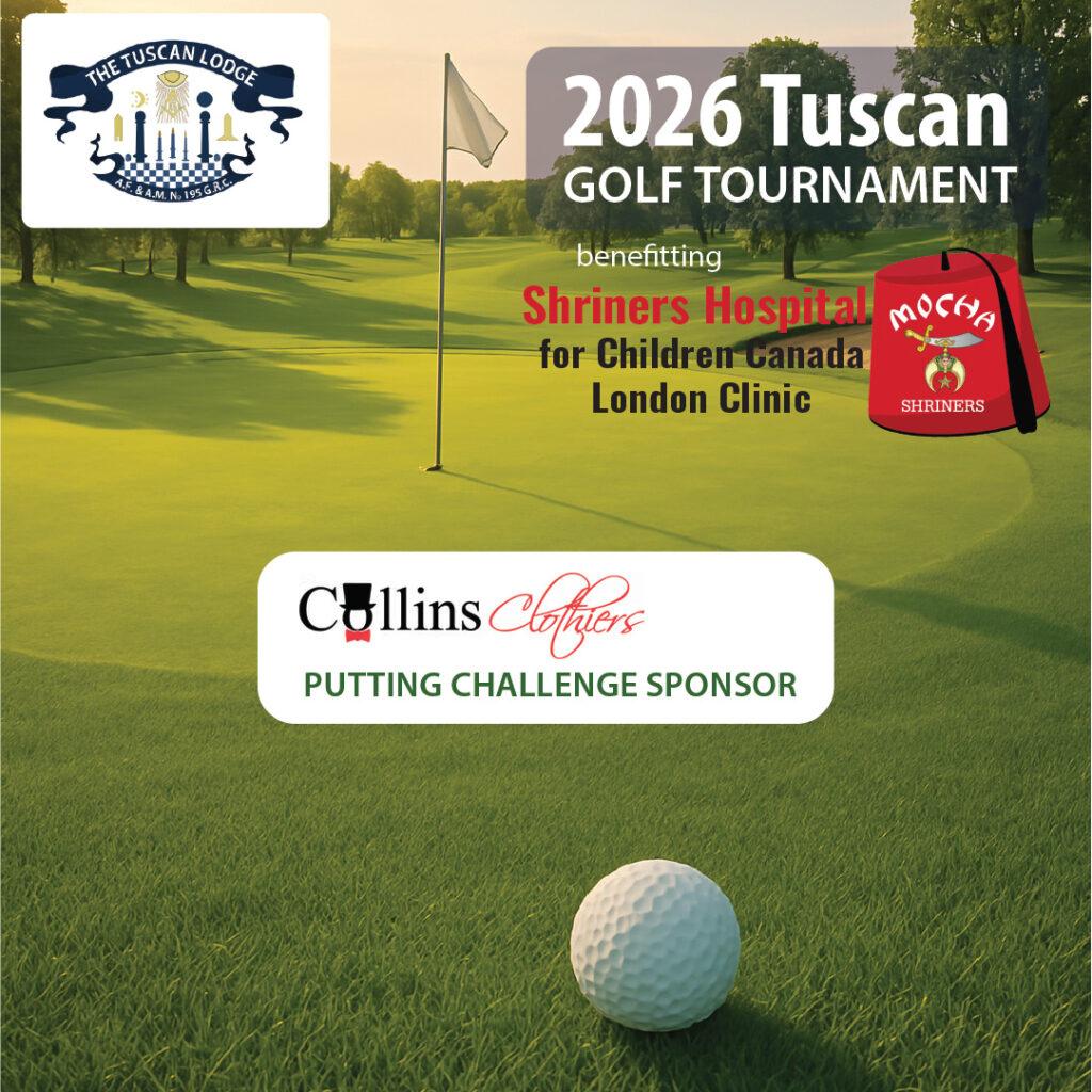 Feature image announcing Collins Clothiers as the Putting Challenge Sponsor for the Tuscan Lodge No.195 2026 Charity Golf Tournament, highlighting branded sponsorship on the putting green.