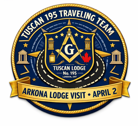 Three navy and gold logo mockups for the Tuscan Lodge No.195 Traveling Team featuring a central lodge crest, circular badge designs, road motifs symbolizing travel, and one version with a banner for an Arkona Lodge visit on April 2.
