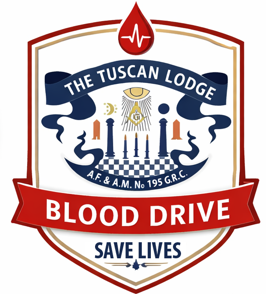 Shield emblem for Tuscan Lodge No. 195 Blood Drive featuring the lodge crest, a red blood drop symbol, and the message “Blood Drive – Save Lives.”