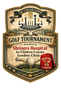 Vintage-style badge for the 2026 Tuscan Golf Tournament supporting Shriners Children’s Hospital London Clinic with classic golf and heritage design elements