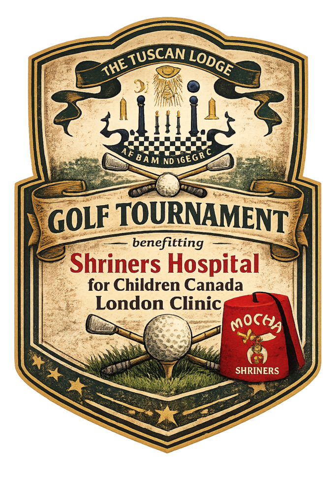 Vintage-style badge for the 2026 Tuscan Golf Tournament supporting Shriners Children’s Hospital London Clinic with classic golf and heritage design elements