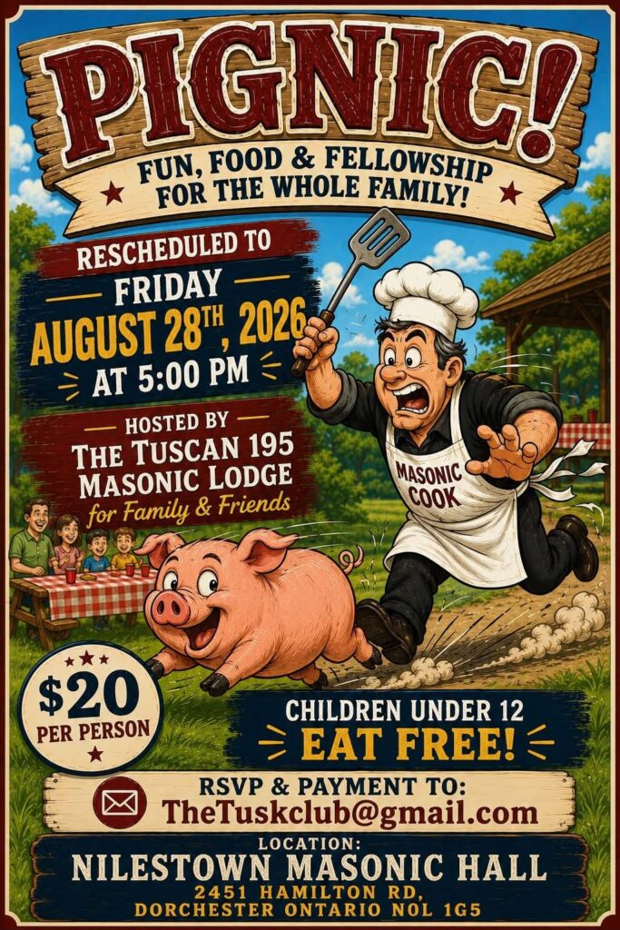Poster for The Tuscan 195 Annual Pignic BBQ on Friday, August 28, 2026 at the Nilestown Masonic Centre.