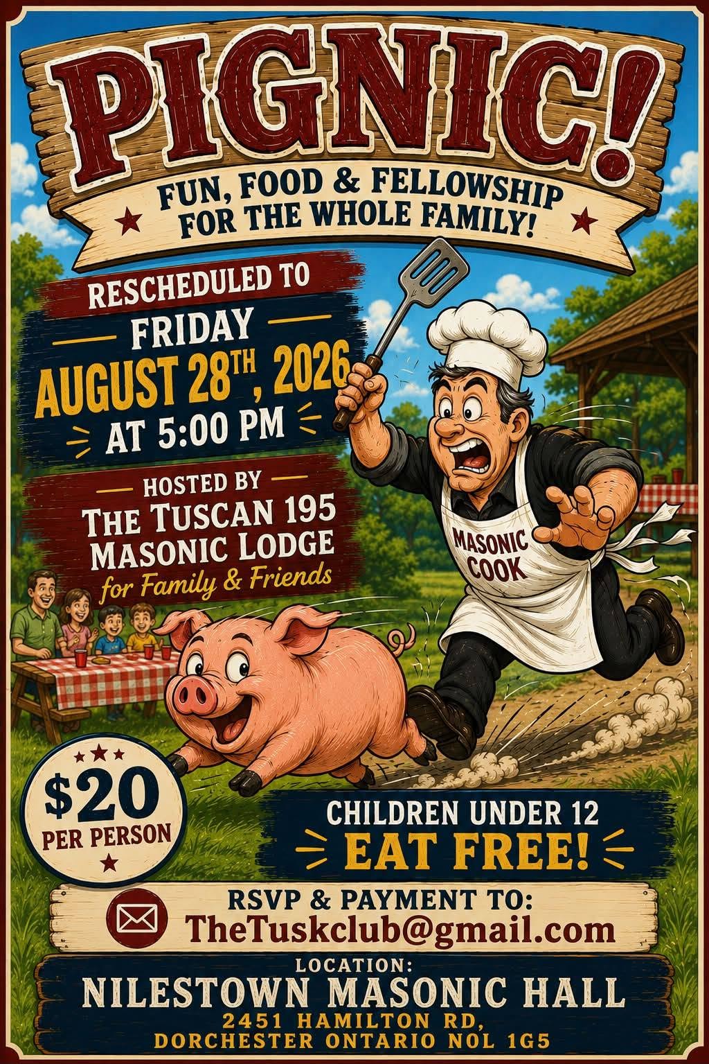 Poster for The Tuscan 195 Annual Pignic BBQ on Friday, August 28, 2026 at the Nilestown Masonic Centre.