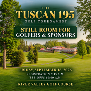 The Tuscan 195 Golf Tournament registration reminder for Friday, September 18, 2026, at River Valley Golf Course.